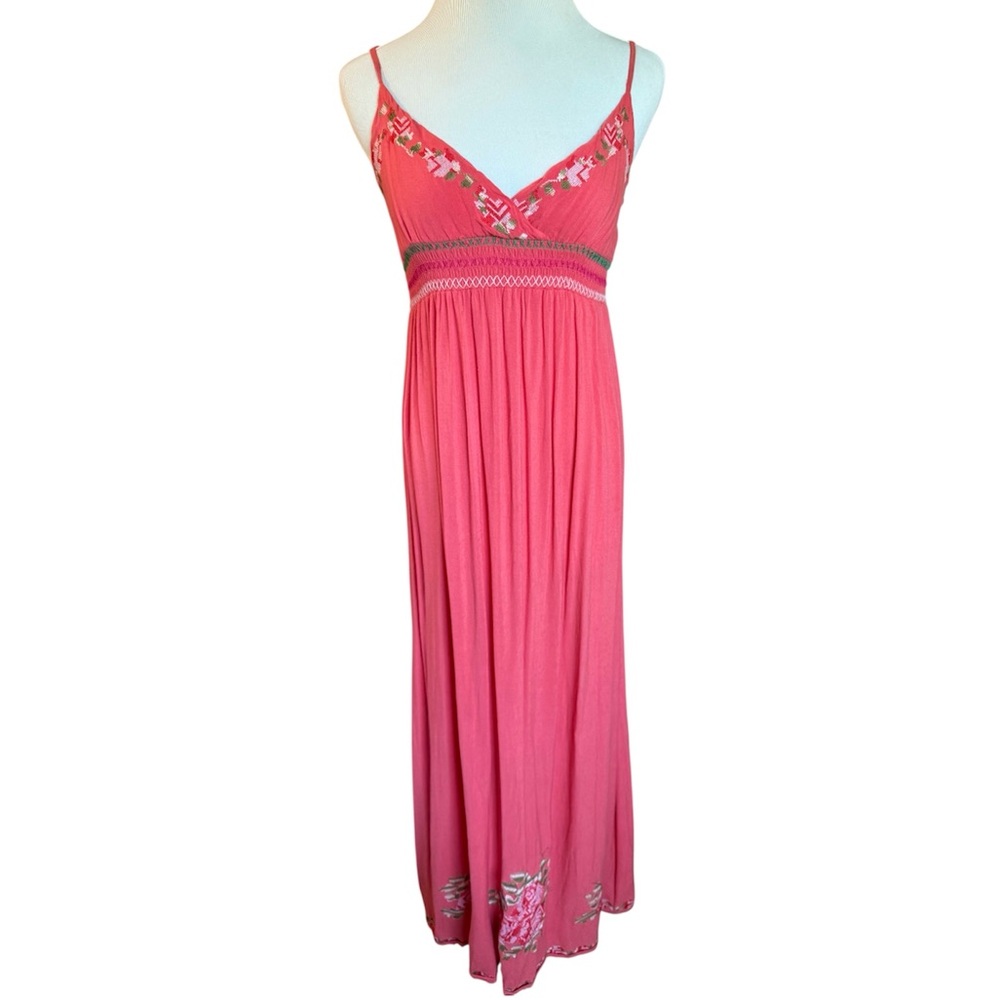 Coral Maxi Dress with Embroidered Details, Size S, EUC